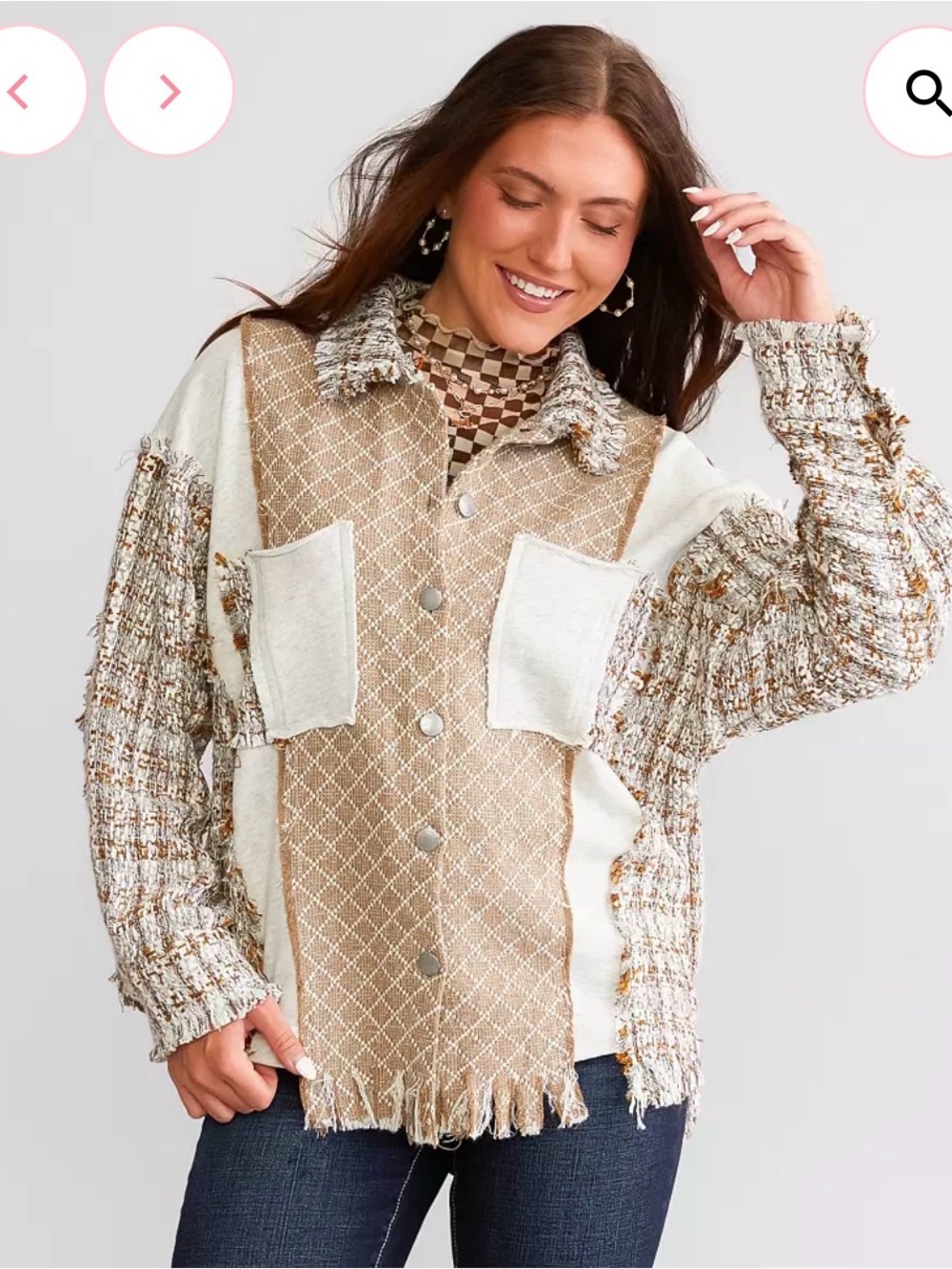 Miss me Women’s Patchwork Fringe Button-Up Jacket — Taupe & Cream